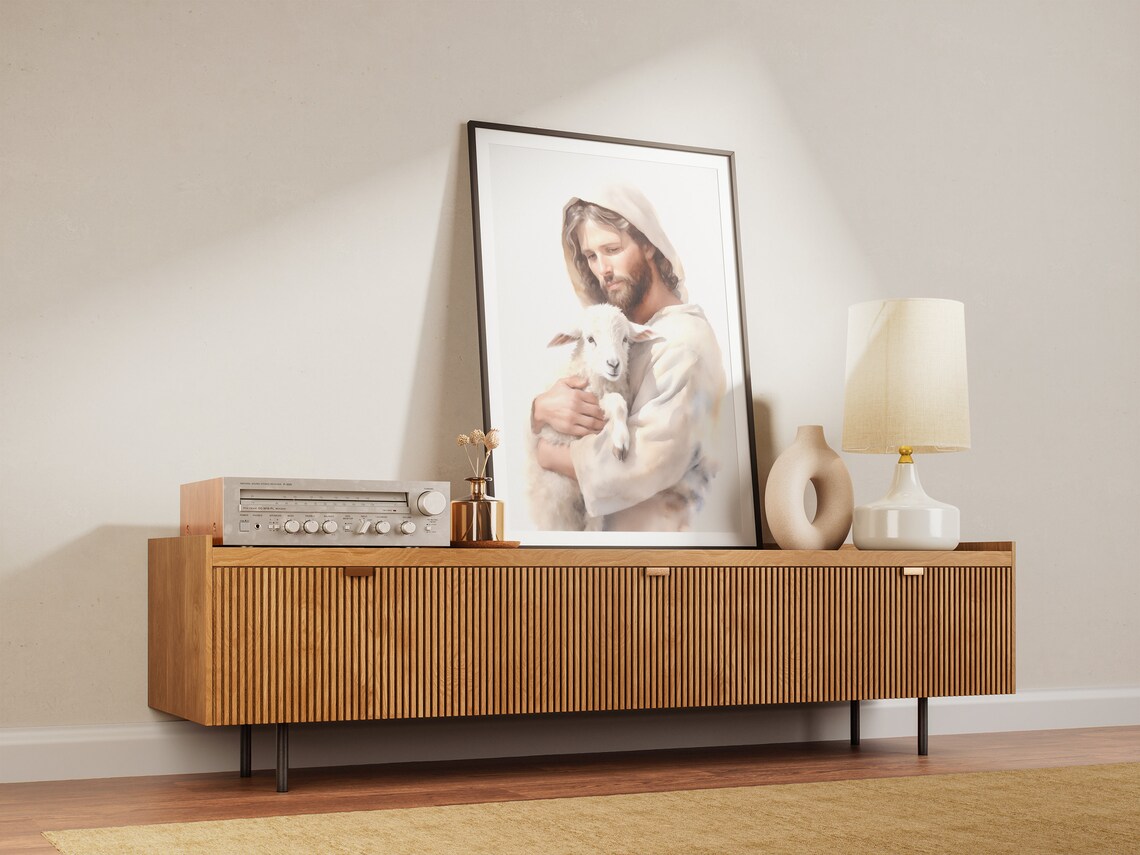 Jesus Christ Holding Lamb Watercolor Good Shepherd Christian Art Poster - Image 2