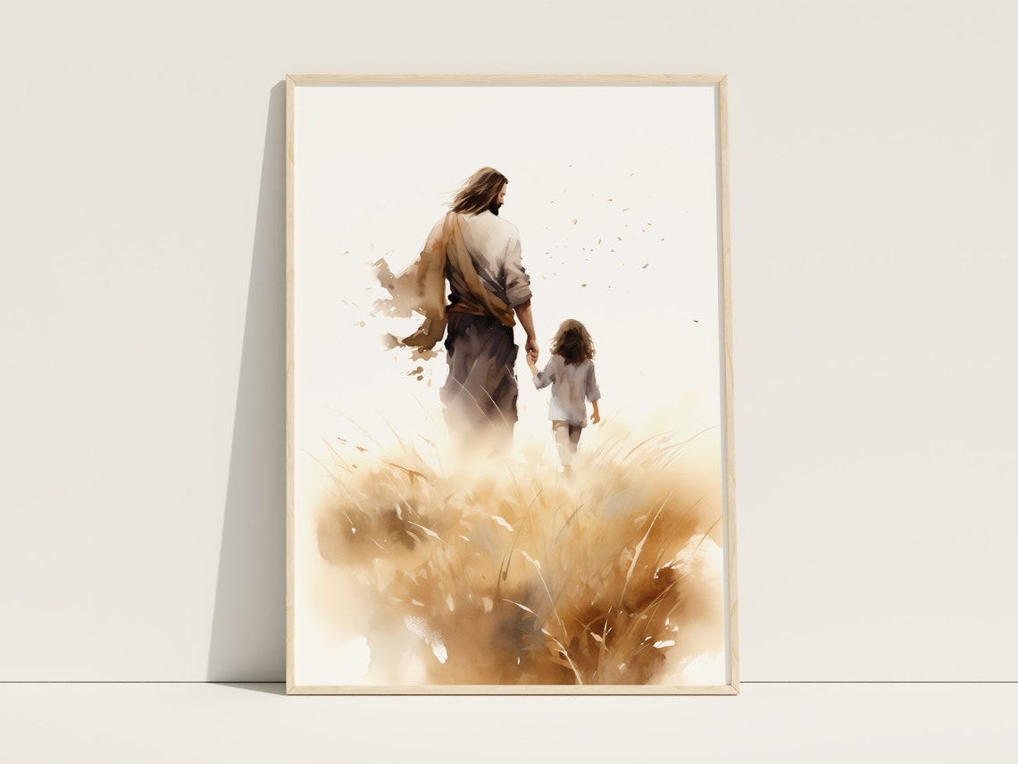 Jesus Walking With Child Through Golden Wheat Field Art Poster