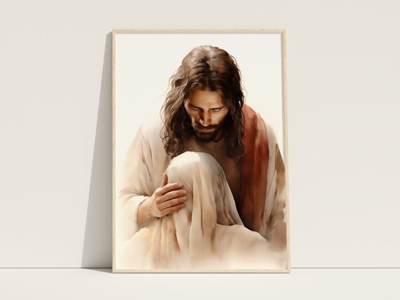 Jesus Christ Comforting Embrace Watercolor Christian Art Faith Poster