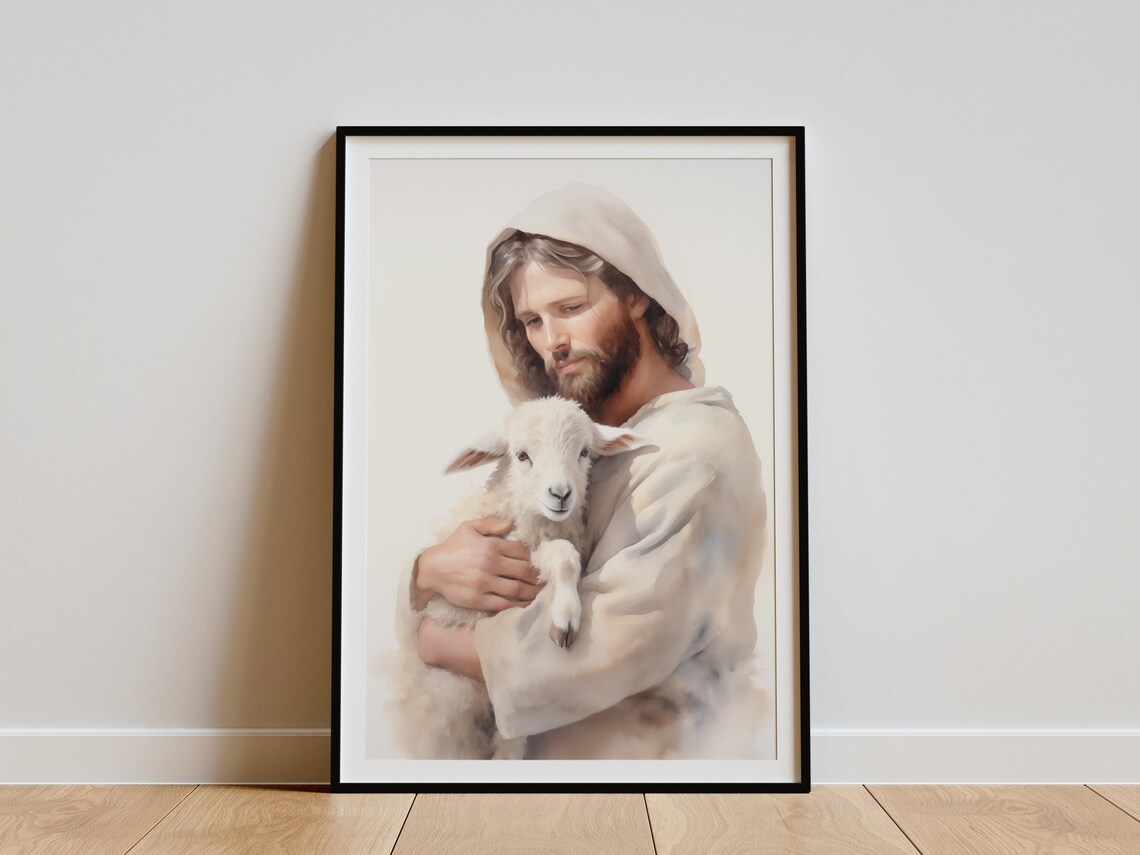Jesus Christ Holding Lamb Watercolor Good Shepherd Christian Art Poster - Image 3