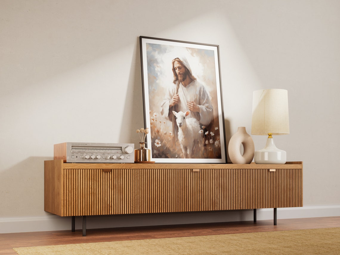 Jesus Christ and Lamb Wildflower Meadow Painterly Christian Art Poster - Image 3