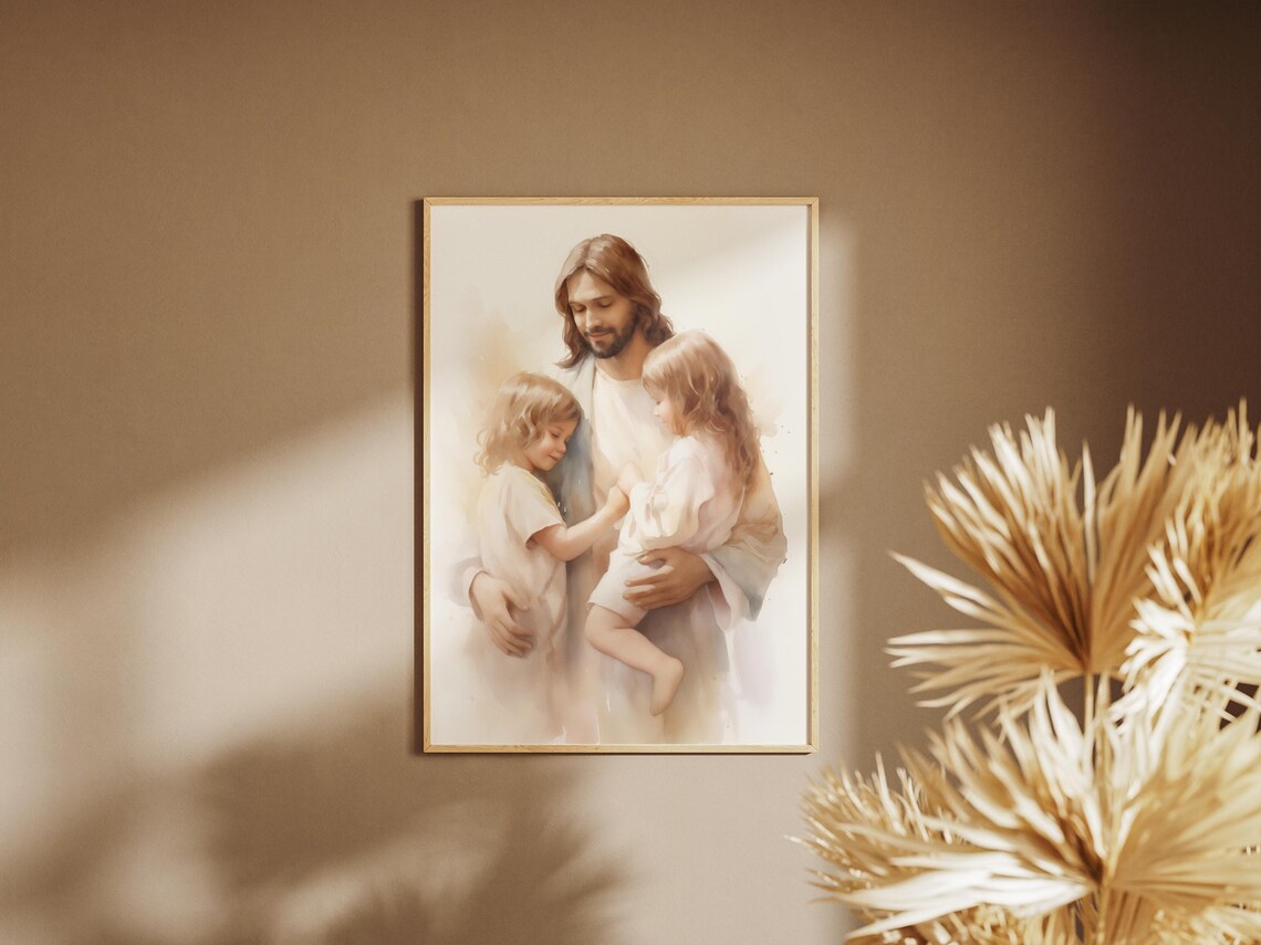 Jesus Christ Holding Little Girls Watercolor Children Faith Art Poster - Image 3
