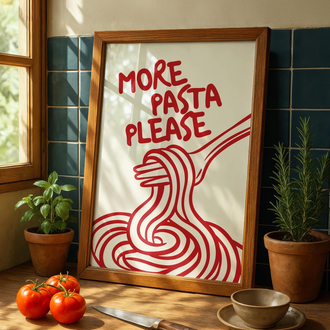 More Pasta Please Red Spaghetti Swirl Fun Kitchen Quote Poster