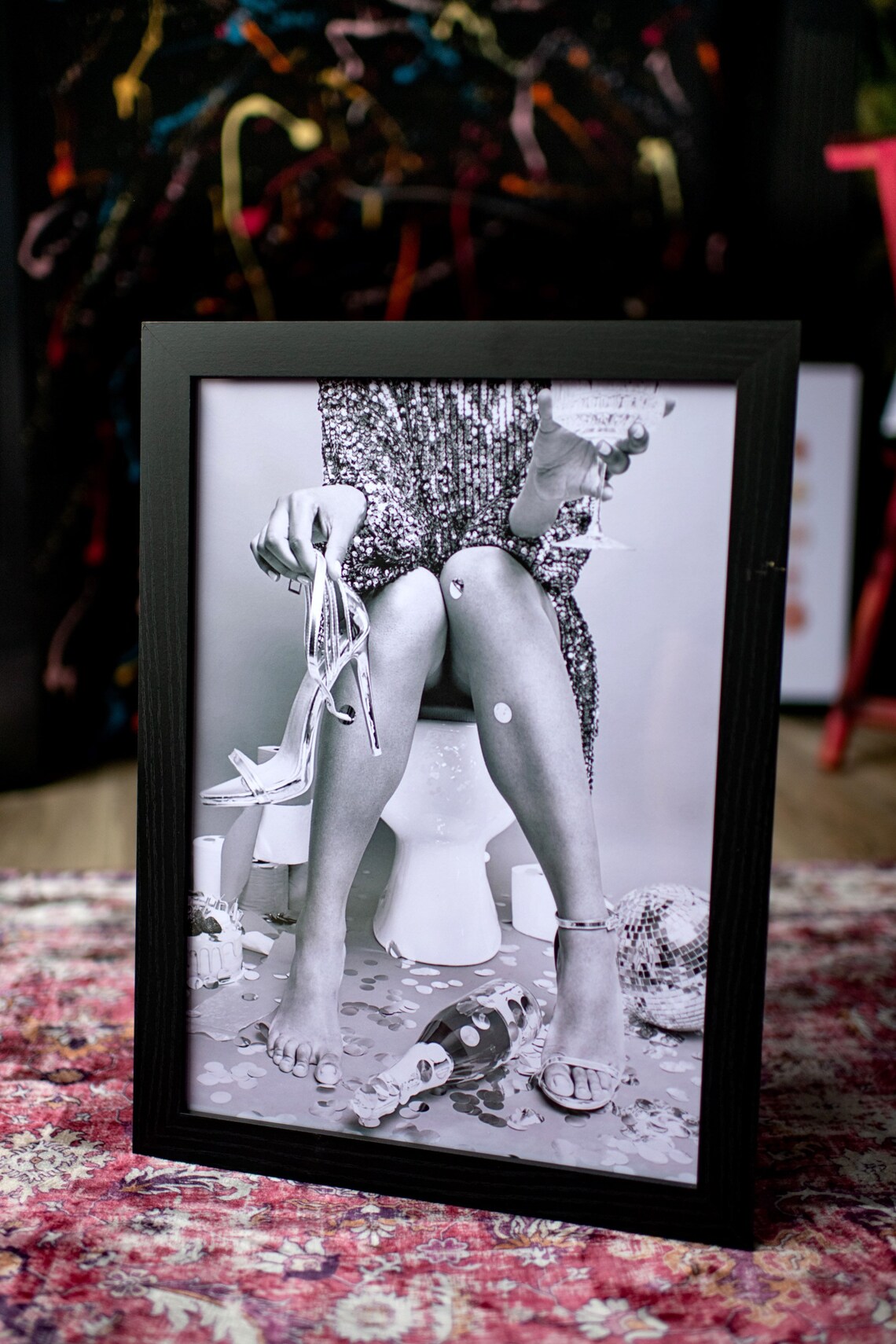 Party Girl on Toilet Sequin Dress Cocktail Black White Photo Poster