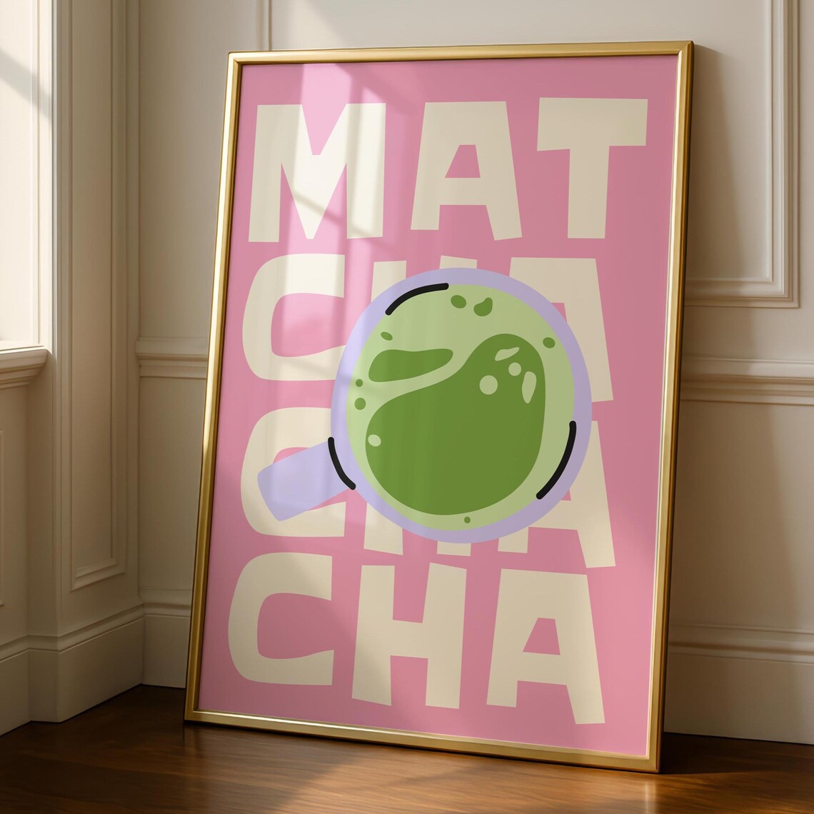 Matcha Bold Pink Typography With Green Tea Cup Trendy Kitchen Wall Poster