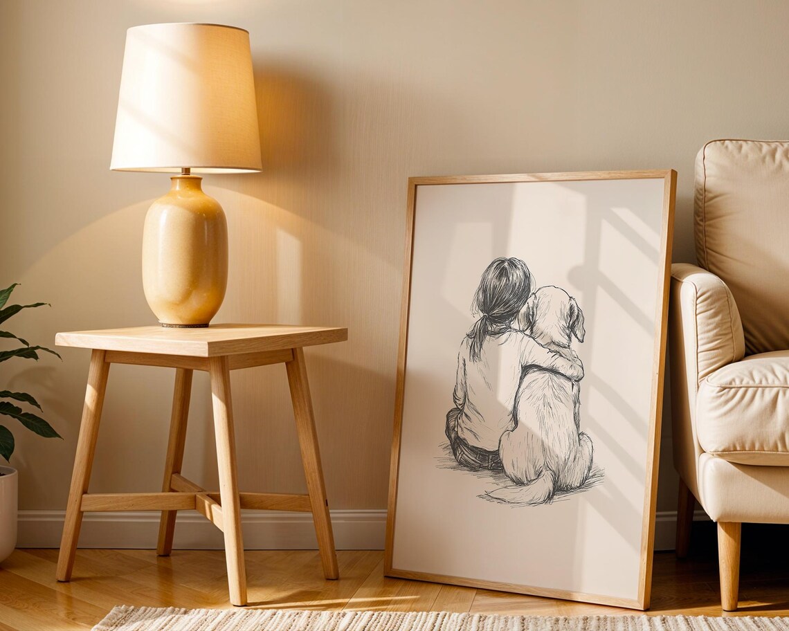 Sweet Minimalist Teen Girl With Dog Ink Sketch From Behind Poster