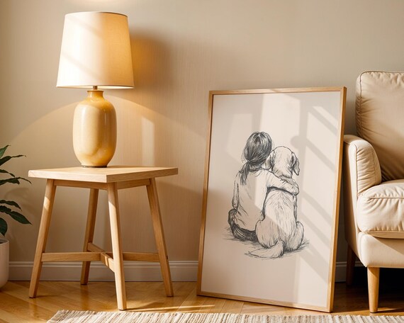 Sweet Minimalist Teen Girl With Dog Ink Sketch From Behind Poster