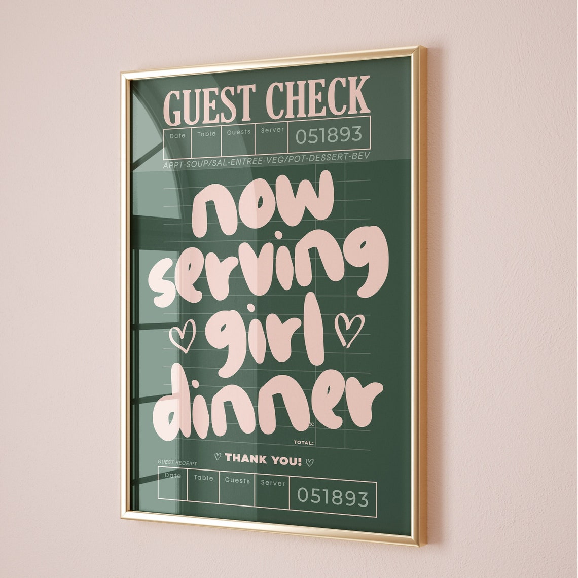 Now Serving Girl Dinner Retro Guest Check Green Kitchen Poster