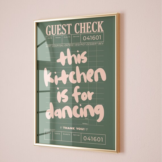 This Kitchen Is For Dancing Poster Pink Sage Green Guest Check Prints Wall Art Cute Cooking Gift Apartment Decor