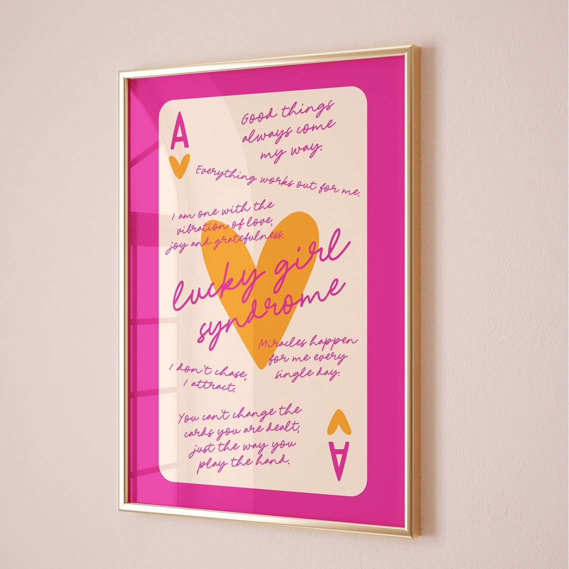 Lucky Girl Syndrome Ace Of Hearts Card Poster Trendy Wall Art Orange Pink Prints Retro Bar Cart Preppy Funky Apartment Decor