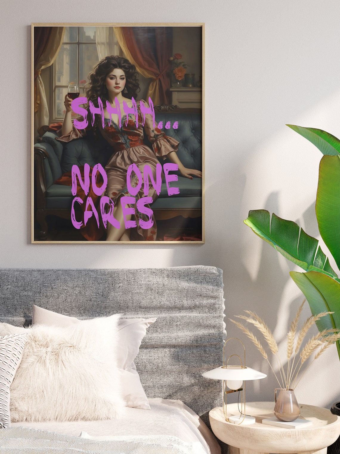 Shhh No One Cares Funny Vintage Woman Wine Pink Graffiti Wall Poster - Image 4