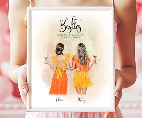 Besties in Orange Dresses Cocktails Quote Illustration Poster