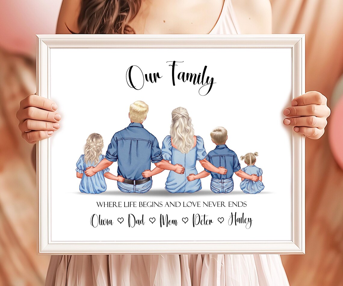 Our Family Personalized Family of Five Portrait Print with Names