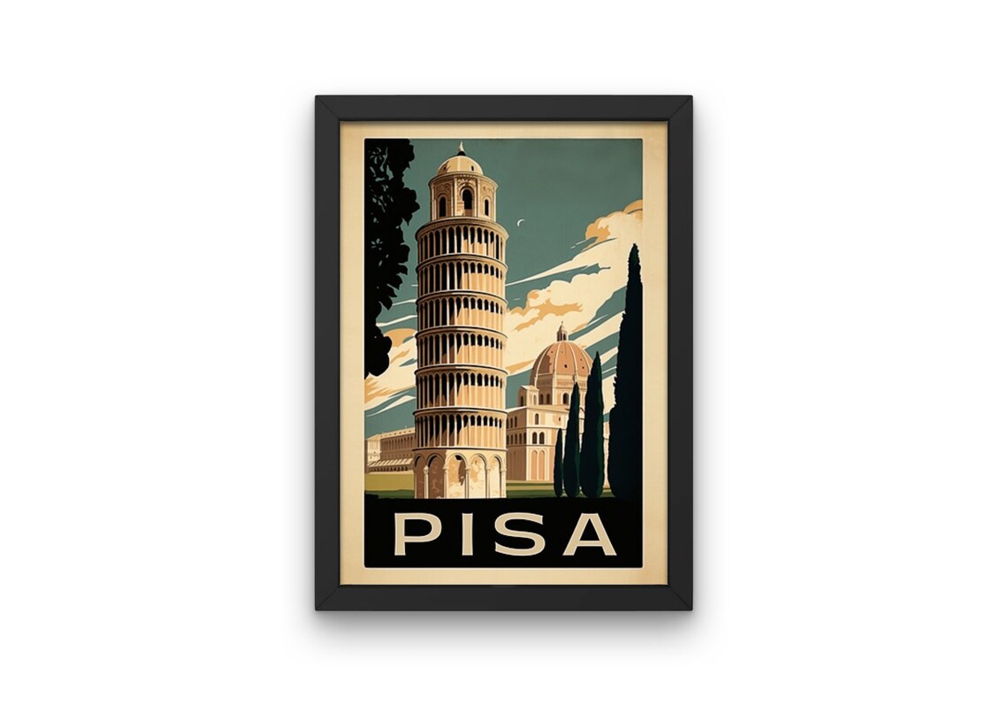 Leaning Tower of Pisa Italy Retro Vintage Travel Poster Landmark View