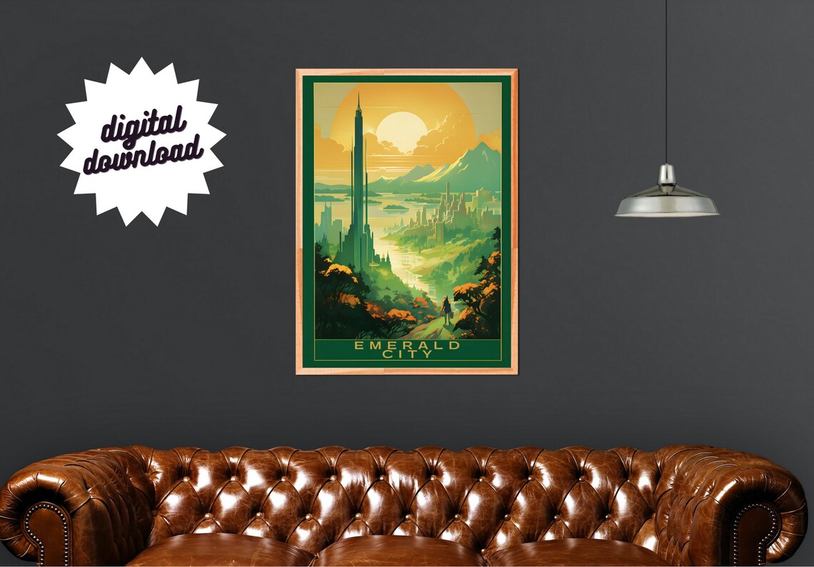 Emerald City Oz Green Tower Sunset River Valley Travel Poster