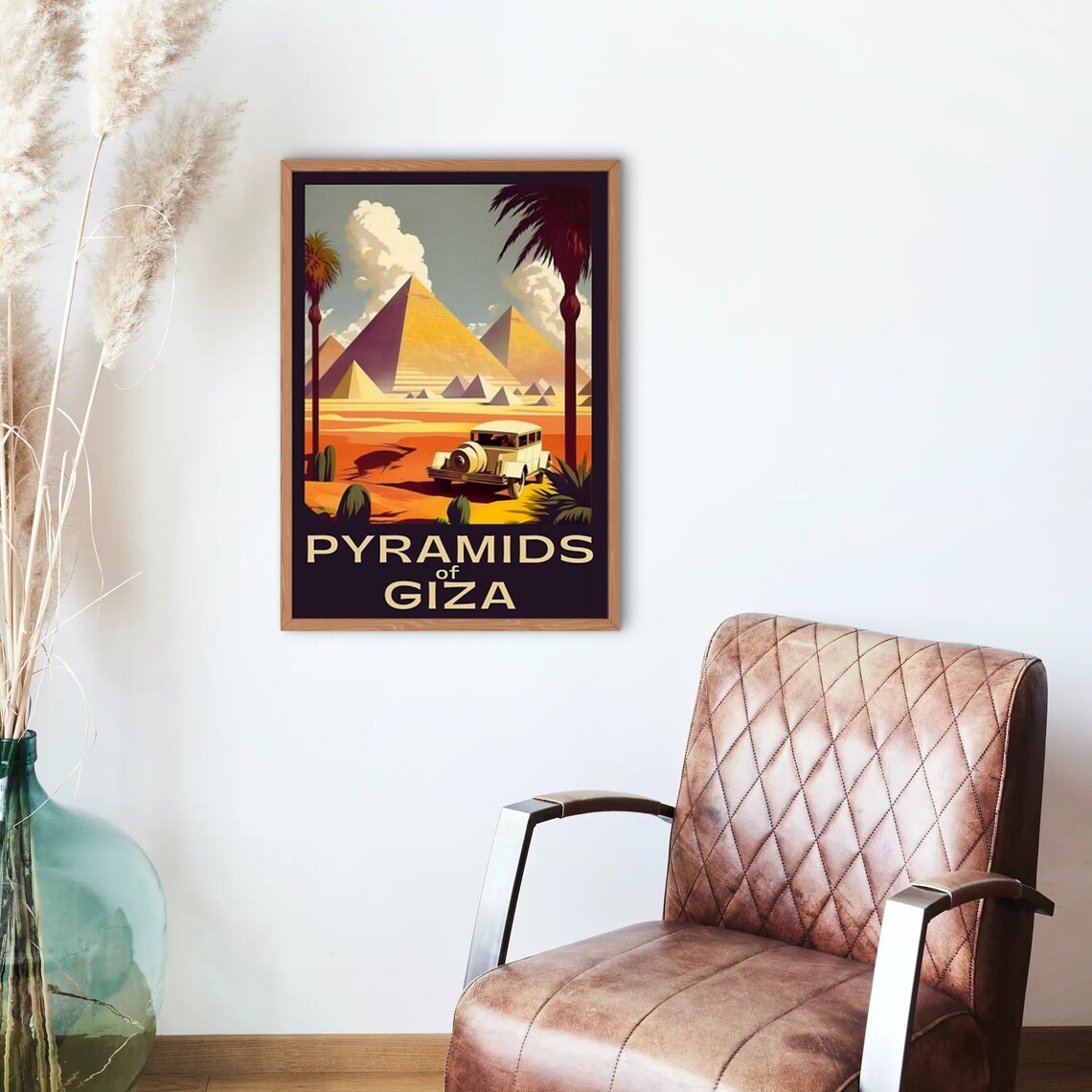 Pyramids of Giza Vintage Sunset Desert Travel Poster Palm Trees View - Image 3