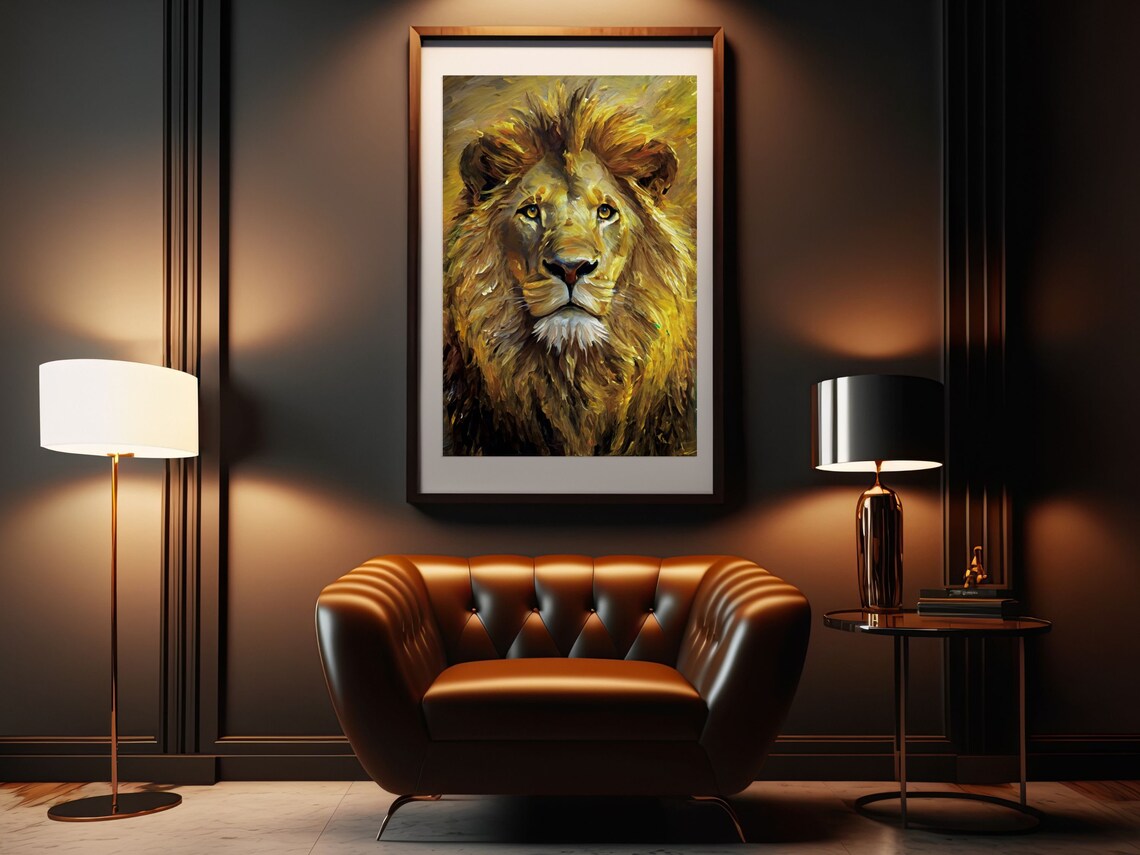 Golden Lion Portrait Textured Oil Painting Regal Wildlife Home Decor Poster - Image 4