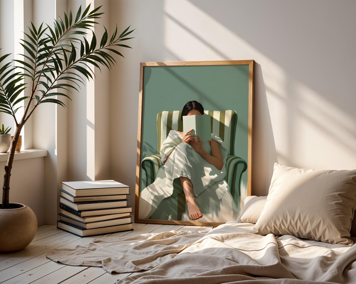 Woman Reading In A Striped Armchair Sage Green Minimalist Art Poster - Image 4