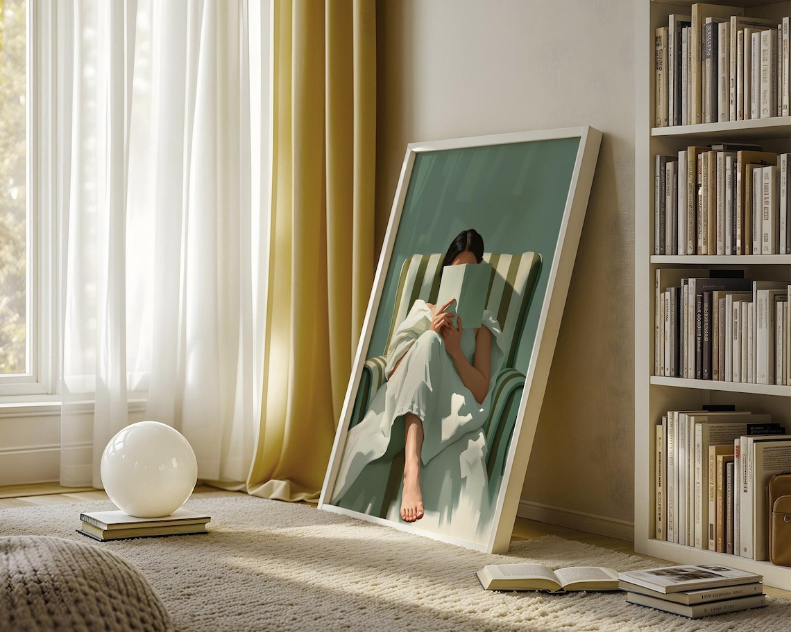 Woman Reading In A Striped Armchair Sage Green Minimalist Art Poster - Image 3