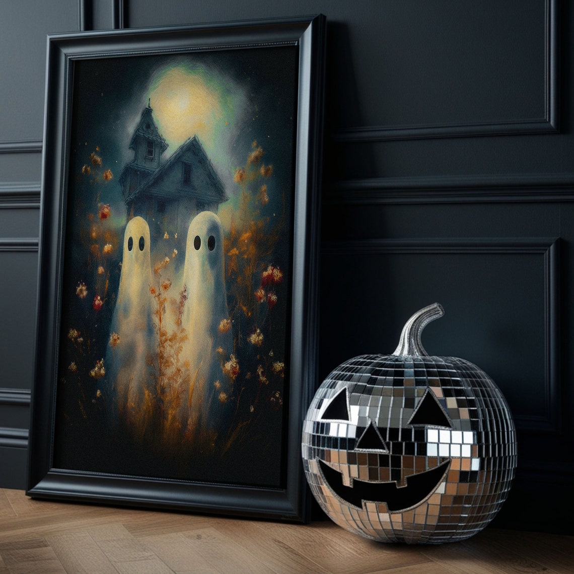 Two Ghosts In A Moonlit Haunted Meadow At Night Halloween Poster - Image 4