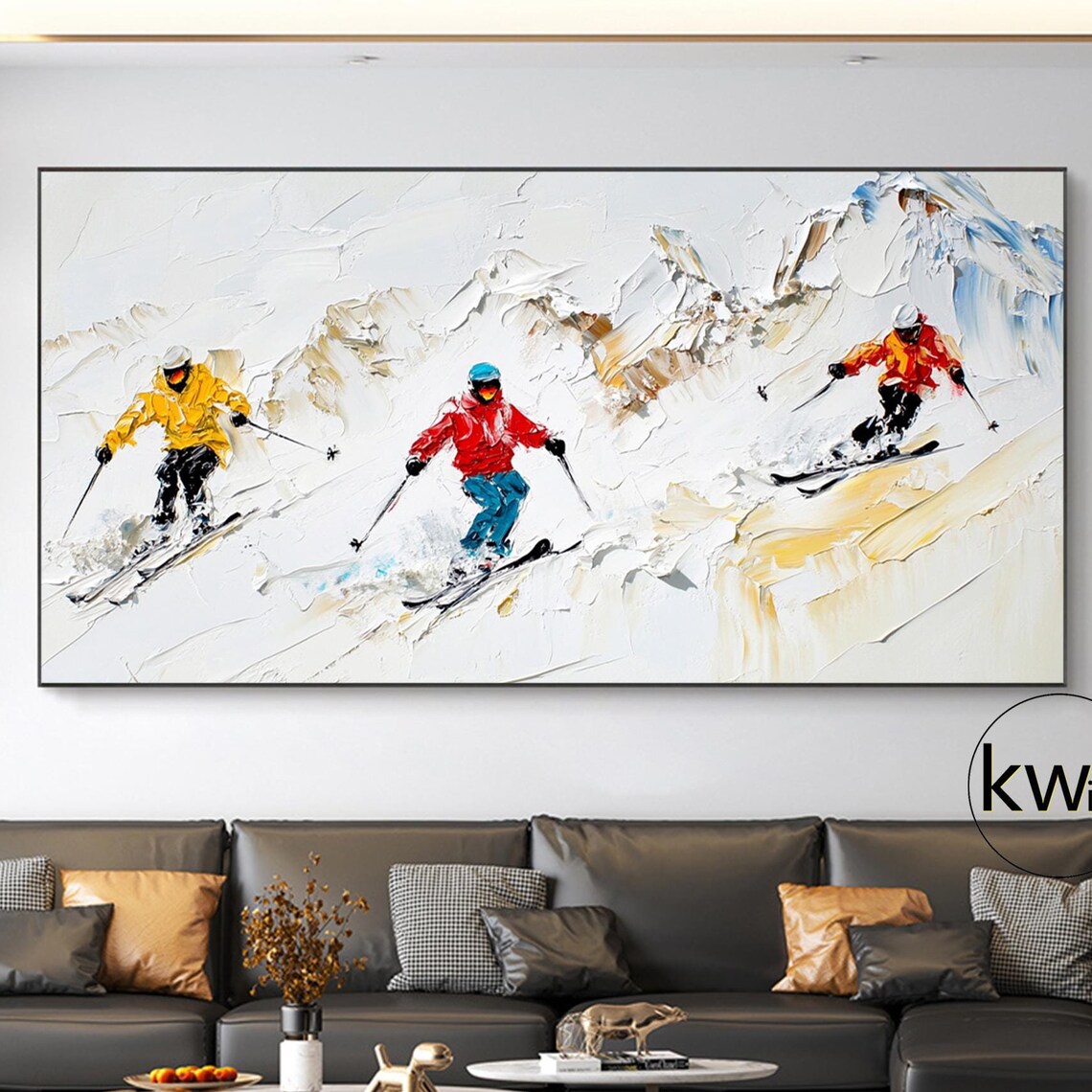 Three Skiers Downhill Snowy Mountain Palette Knife Oil Painting Poster
