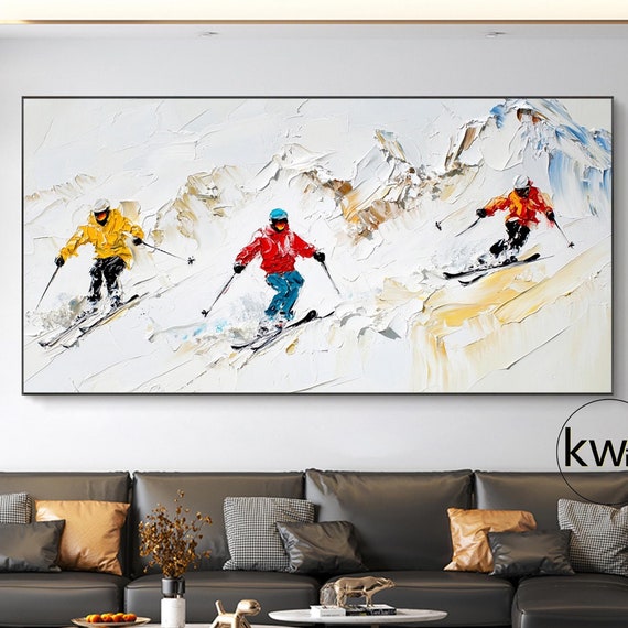 Original Hand Painted Ski Sport Painting On White Winter Art Custom Textured Painting Minimalism Snowy Mountain Art Personalized Gift