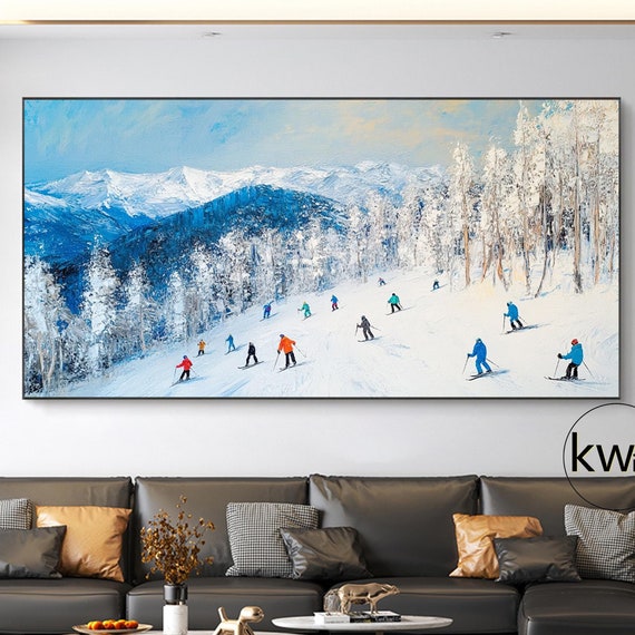 Skiing Sport Painting On Skiing Abstract Painting Large Multi Person Skiing Wall Art Blue White Snowy Mountain Art Modern Wall Decor