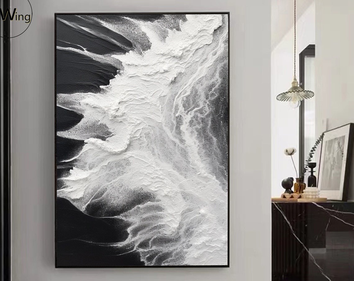 Black White Crashing Wave Abstract 3D Texture Painting Wall Art Poster