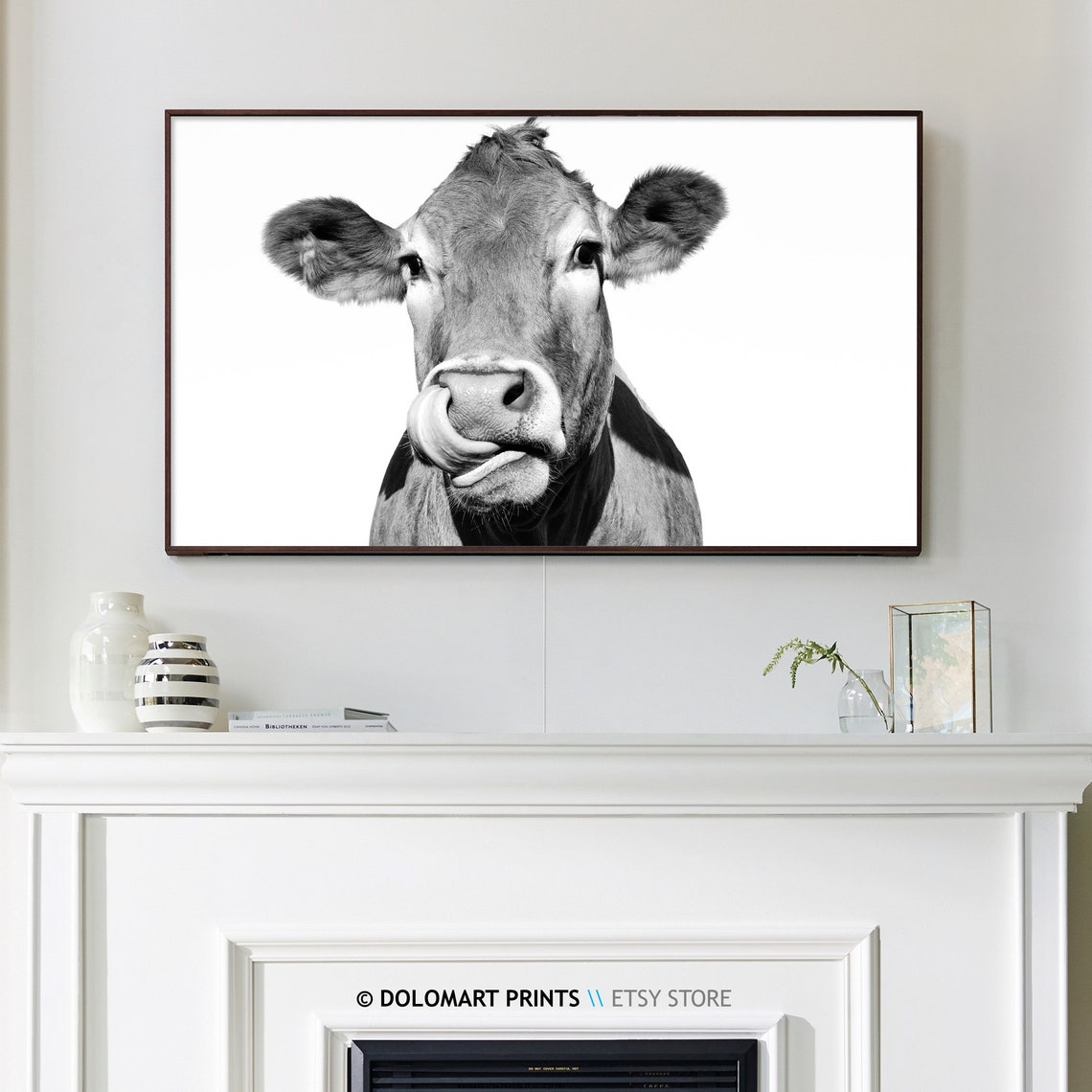 Cow Licking Nose Close Up Black And White Funny Farm Animal Poster - Image 3