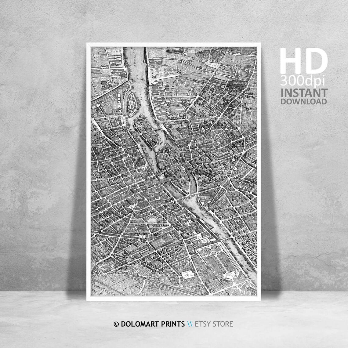 Historic Paris City Map With Street Names, Vintage