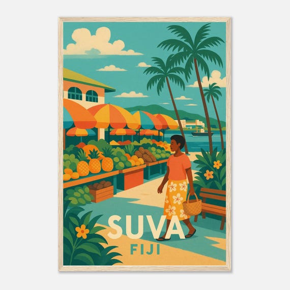 Suva Fiji Vintage Travel Poster Wall Art South Pacific Island Illustration Retro Cityscape Print Gift