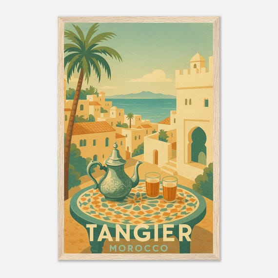 Tangier Morocco Vintage Travel Poster Medina View And Mint Tea Wall Art Coastal Print With Mosaic Table Decor