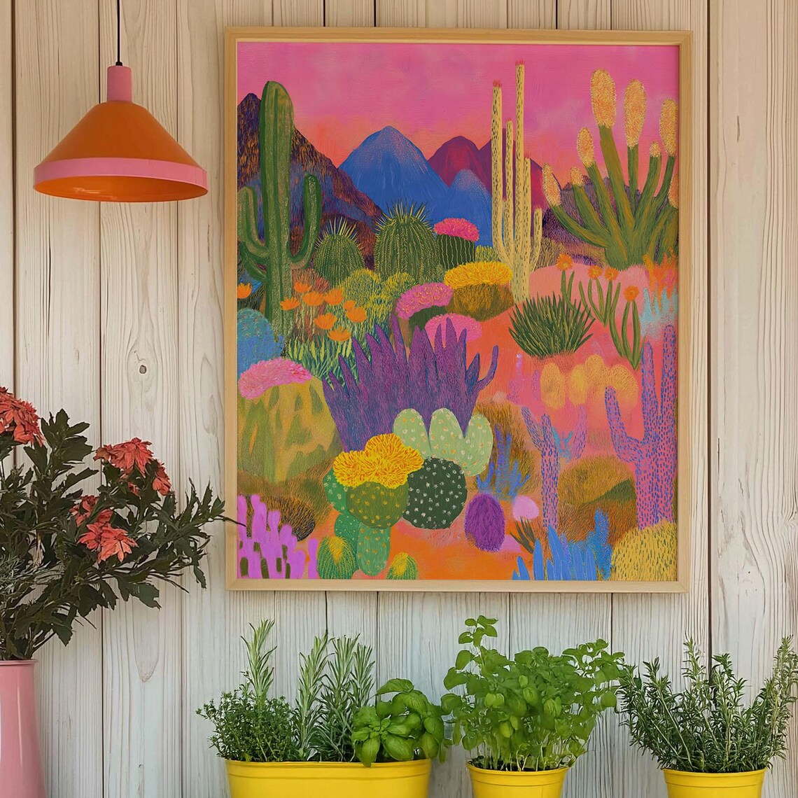 Vibrant Pink Sunset Desert Art Print, Boho Southwest