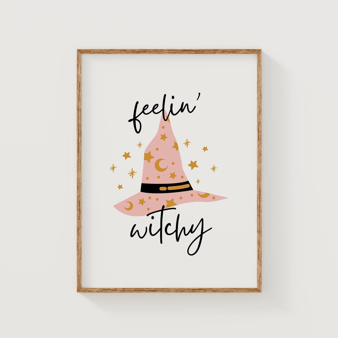 Feelin Witchy Pink Witch Hat Gold Stars Script Halloween Art Poster - Image 3