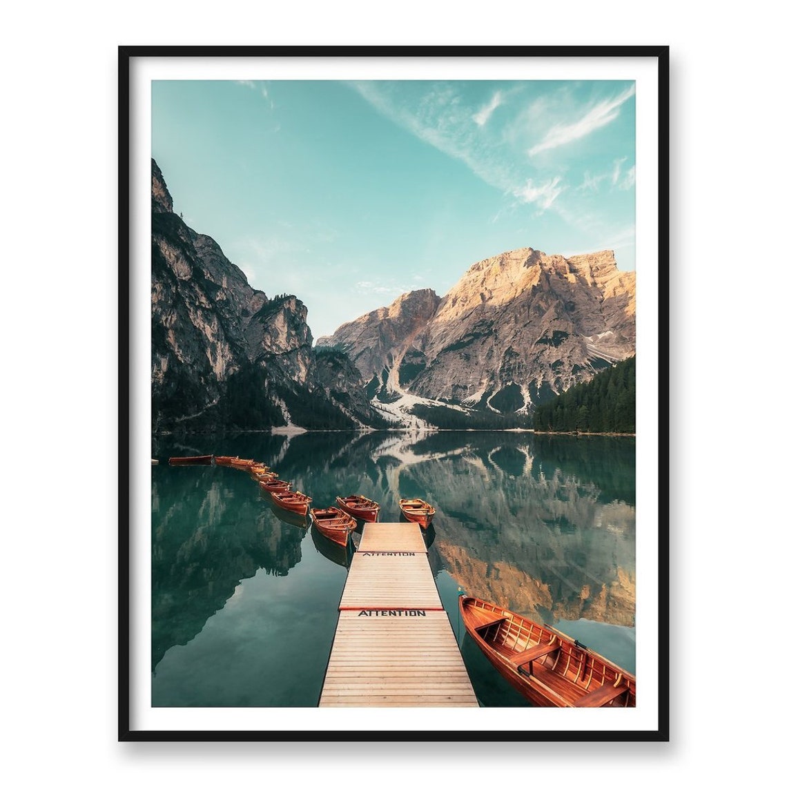 Lago Di Braies Dolomites Wooden Dock Rowboats Alpine Lake Poster - Image 2