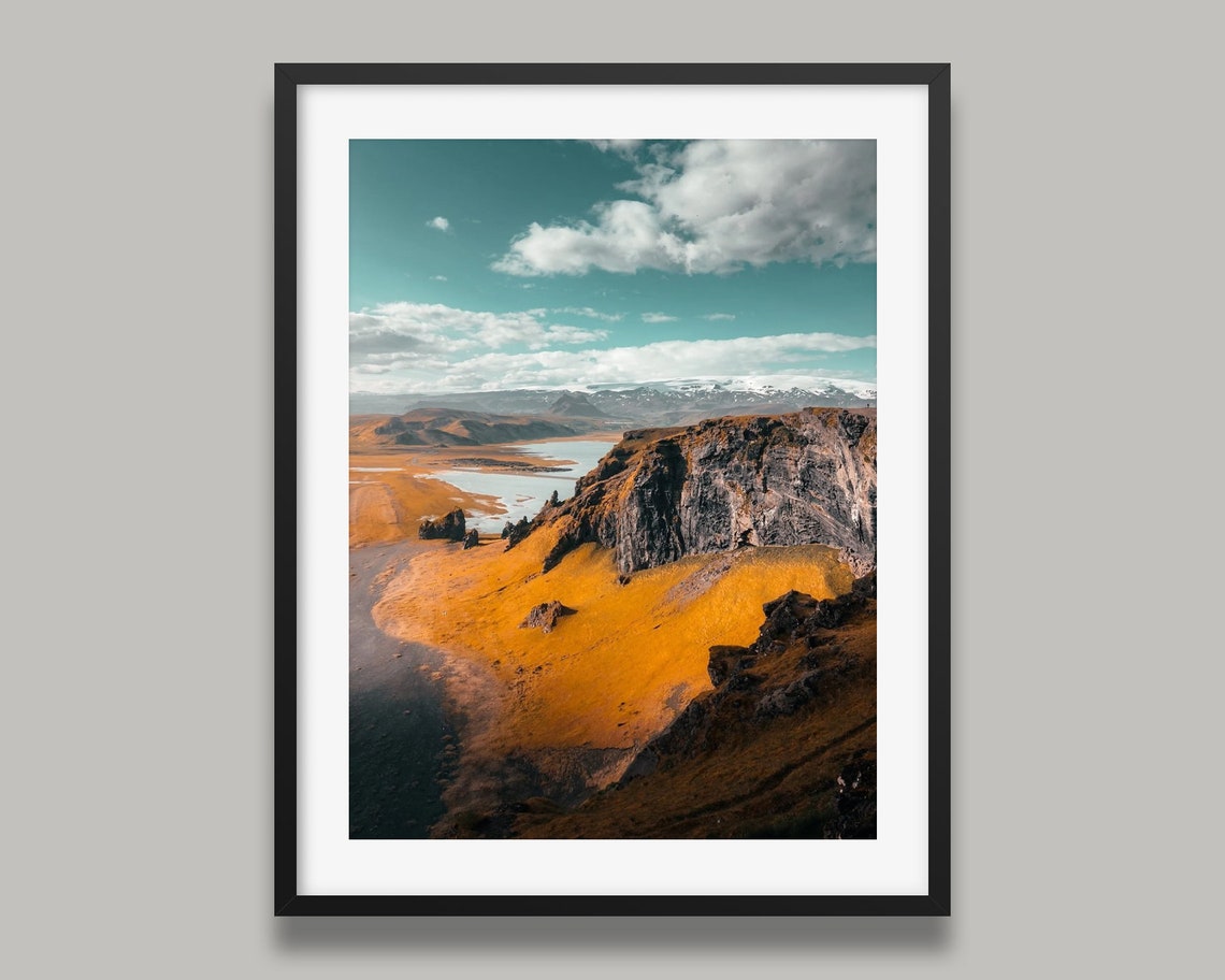 Dyrholaey Iceland Golden Cliffs Black Beach Distant Glacier Poster