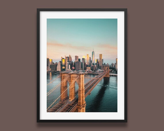 Brooklyn Bridge Sunset Lower Manhattan Skyline Golden Hour Poster