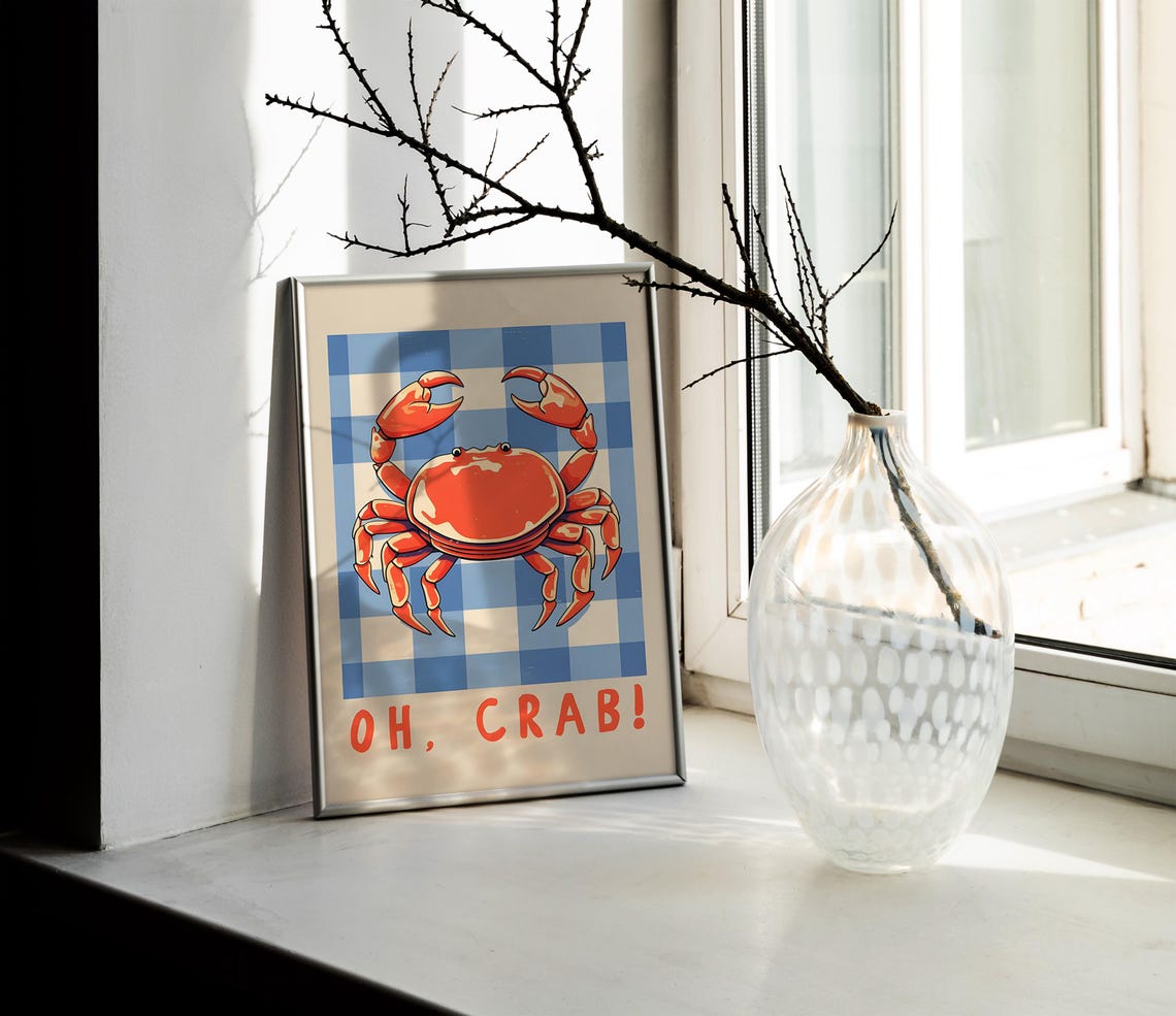 Oh Crab Happy Red Crab On Blue Gingham Coastal Kitchen Poster - Image 2