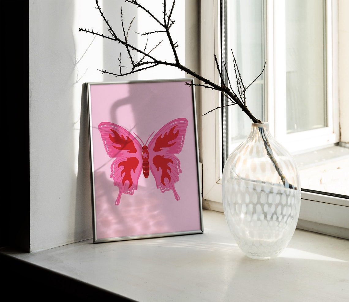 Pink Butterfly Flame Patterned Wings Blush Insect Art Poster - Image 2