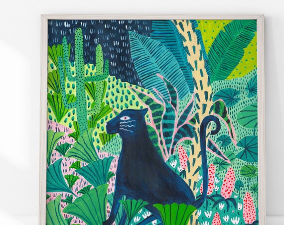 Jaguar Black Cat Botanical Art Print, Jungle Safari