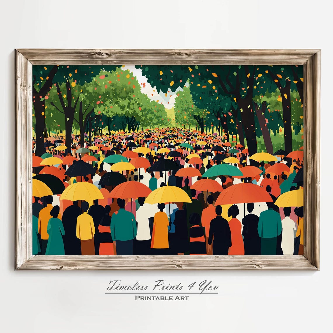 Joyful Umbrella Crowd Gathering In Tree Lined Park Art Print