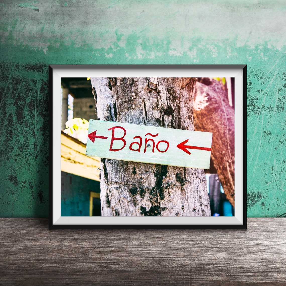 Spanish Baño Bathroom Sign on Weathered Tree Trunk Photography Poster