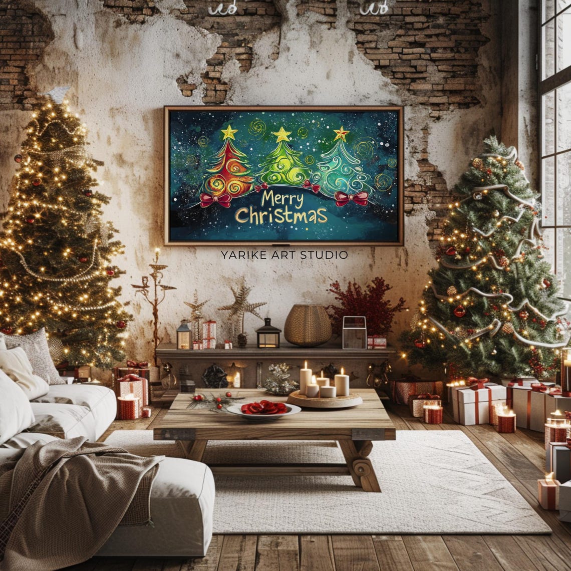 Merry Christmas Swirling Trees Starry Night Colorful Holiday Poster - Image 2