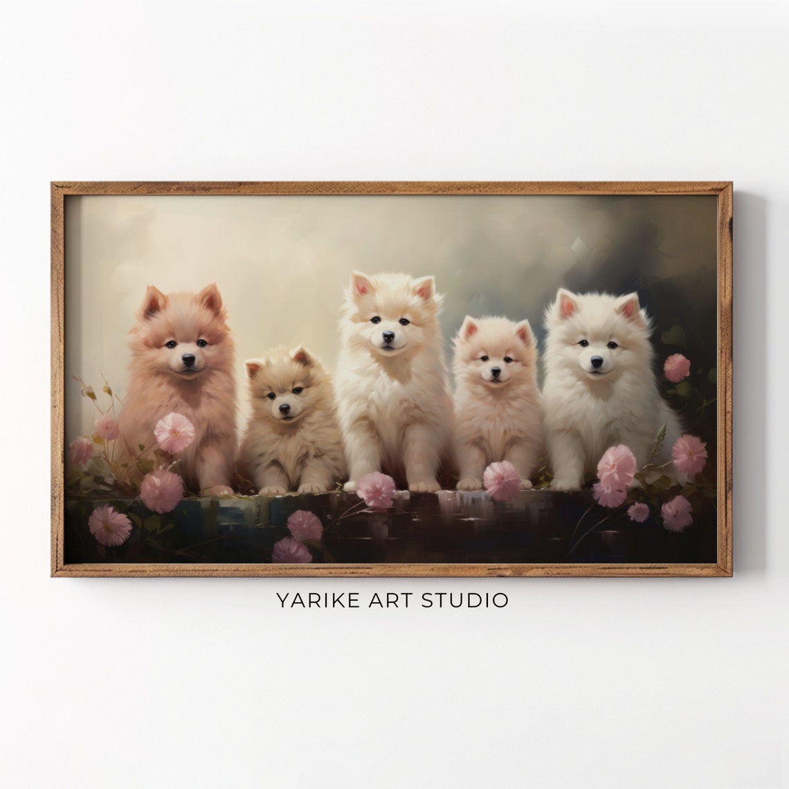 Five Fluffy Samoyed Puppies Among Pink Blossoms Oil Painting Poster