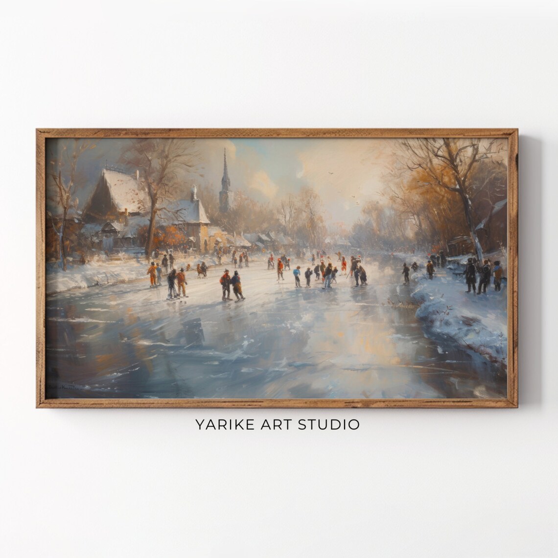 Ice Skaters on Frozen River Winter Town Vintage Holiday Poster