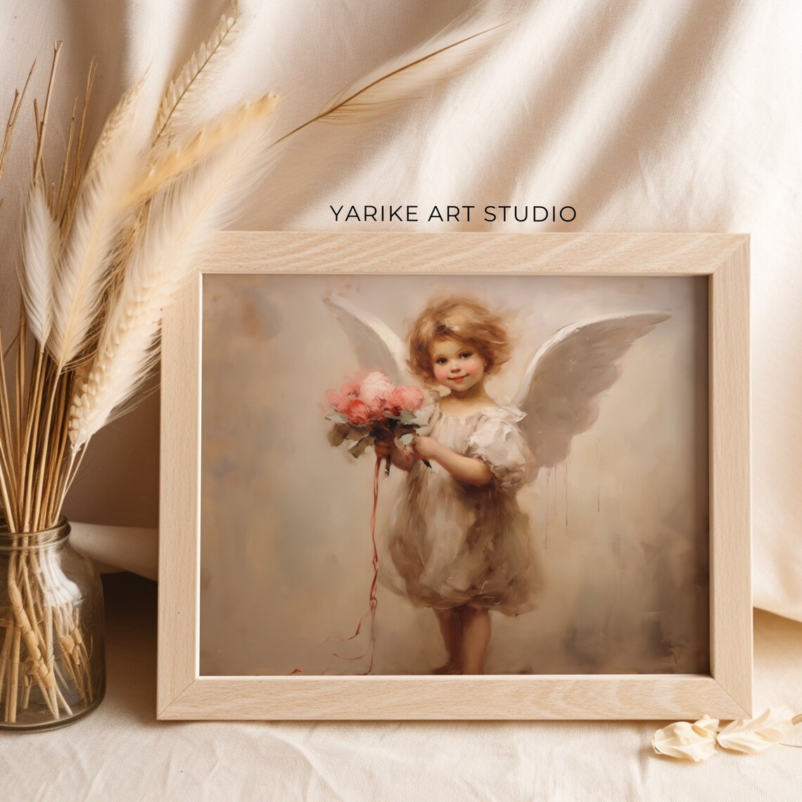 Sweet Cherub Angel with Pink Roses Bouquet Vintage Painting Poster - Image 4