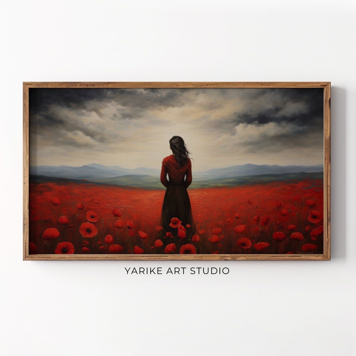Woman In Red Dress In Vast Poppy Field Under Stormy Sky Poster