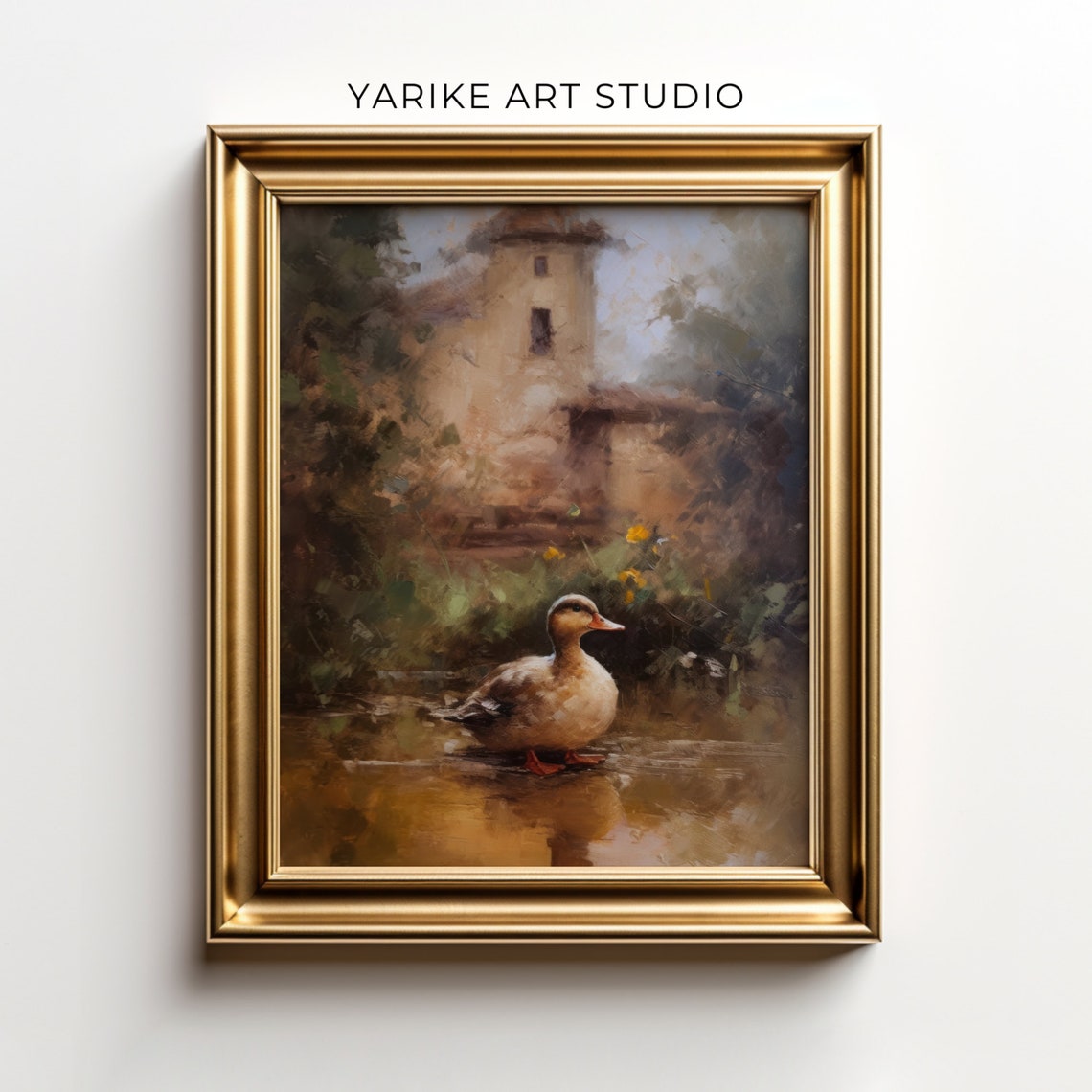 Vintage Duck Swimming with Old Stone Tower House Painting Poster - Image 5