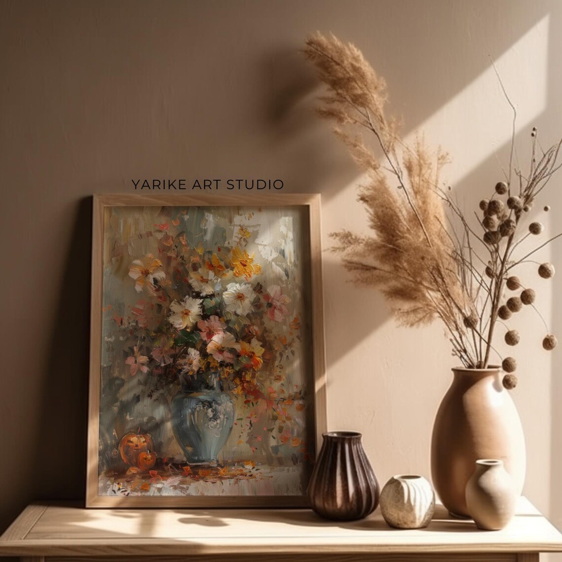 Vintage Autumn Still Life Bouquet In Blue Vase With Pumpkins Poster - Image 4