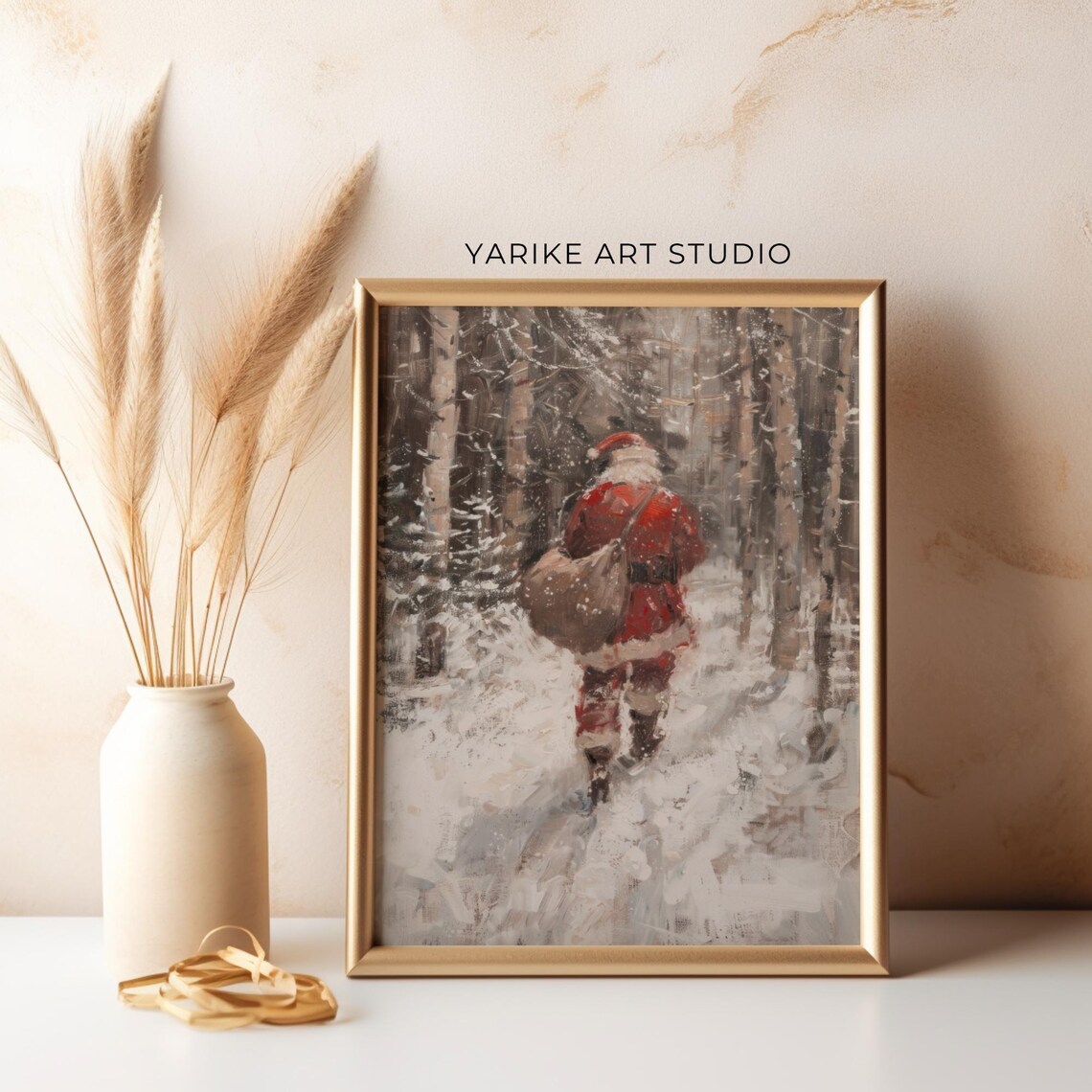 Santa Claus Walking Snowy Forest Vintage Christmas Eve Painting Poster - Image 2
